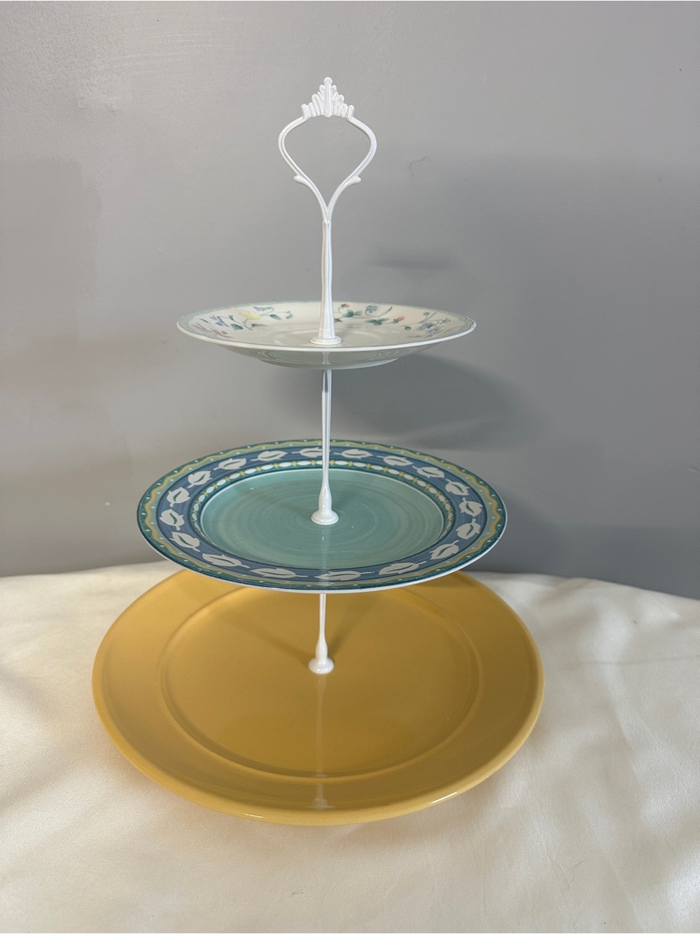 Three-Tier Dessert Stand – White Handle with Yellow, Teal & Floral Plates